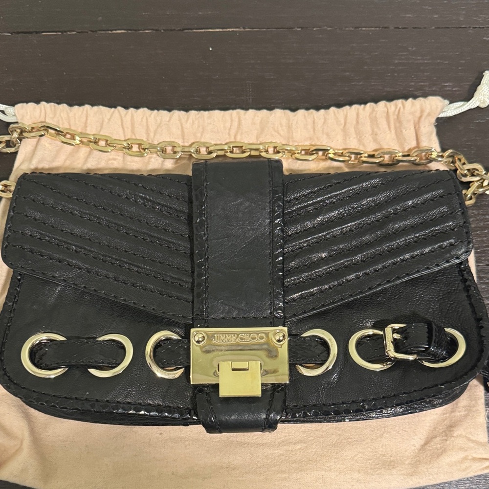 Jimmy Choo Black Leather Clutch with Gold Accents
